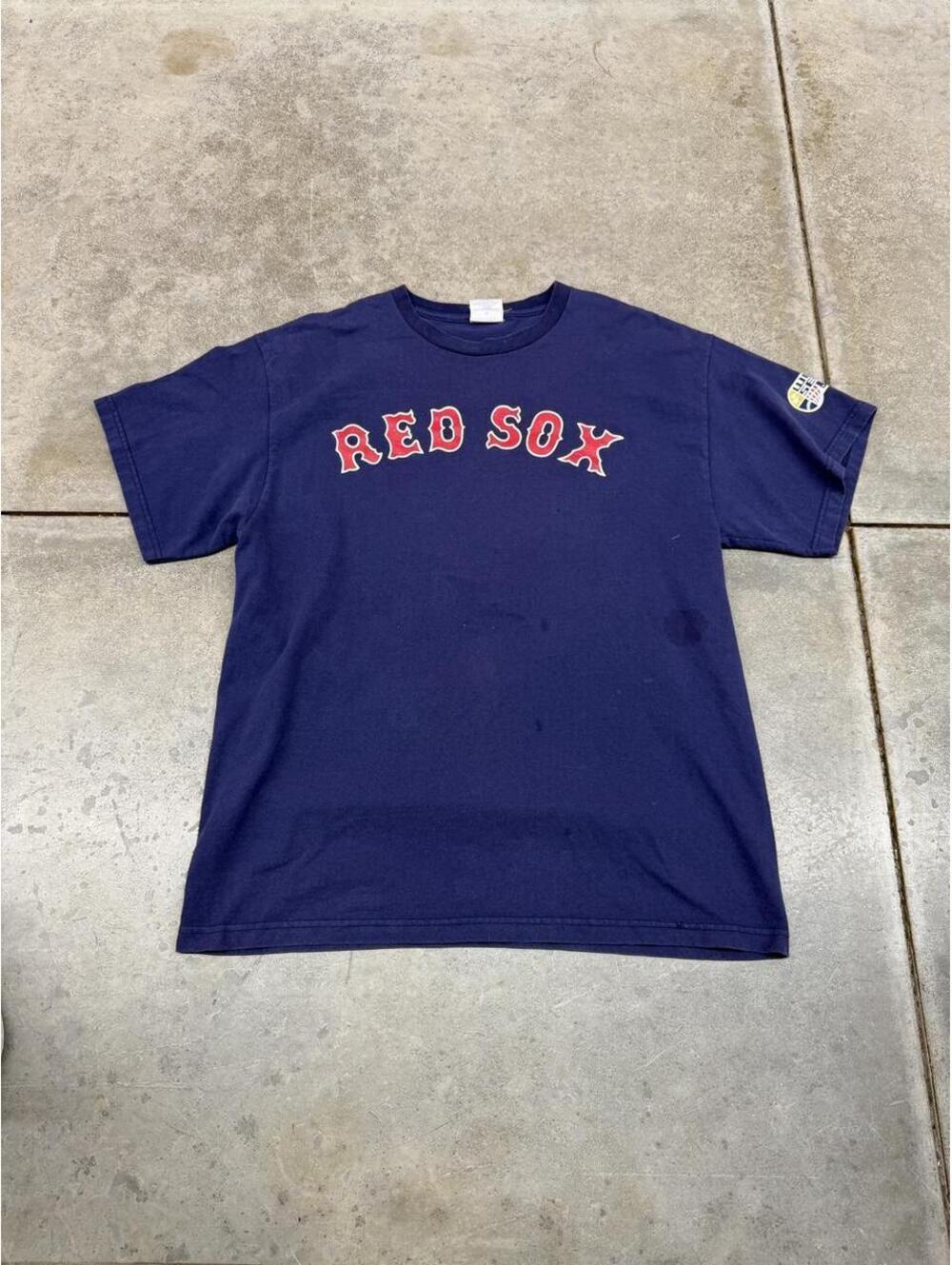 vintage boston red sox navy spell out world series shirt size large HAS STAINS